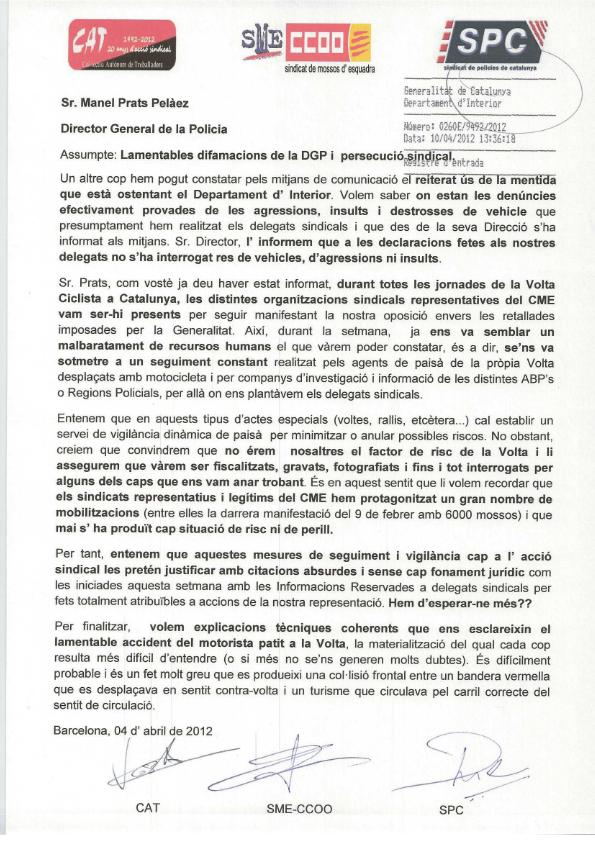 LAMENTABLES DIFAMACIONS DE LA DGP I PERSECUCI SINDICAL